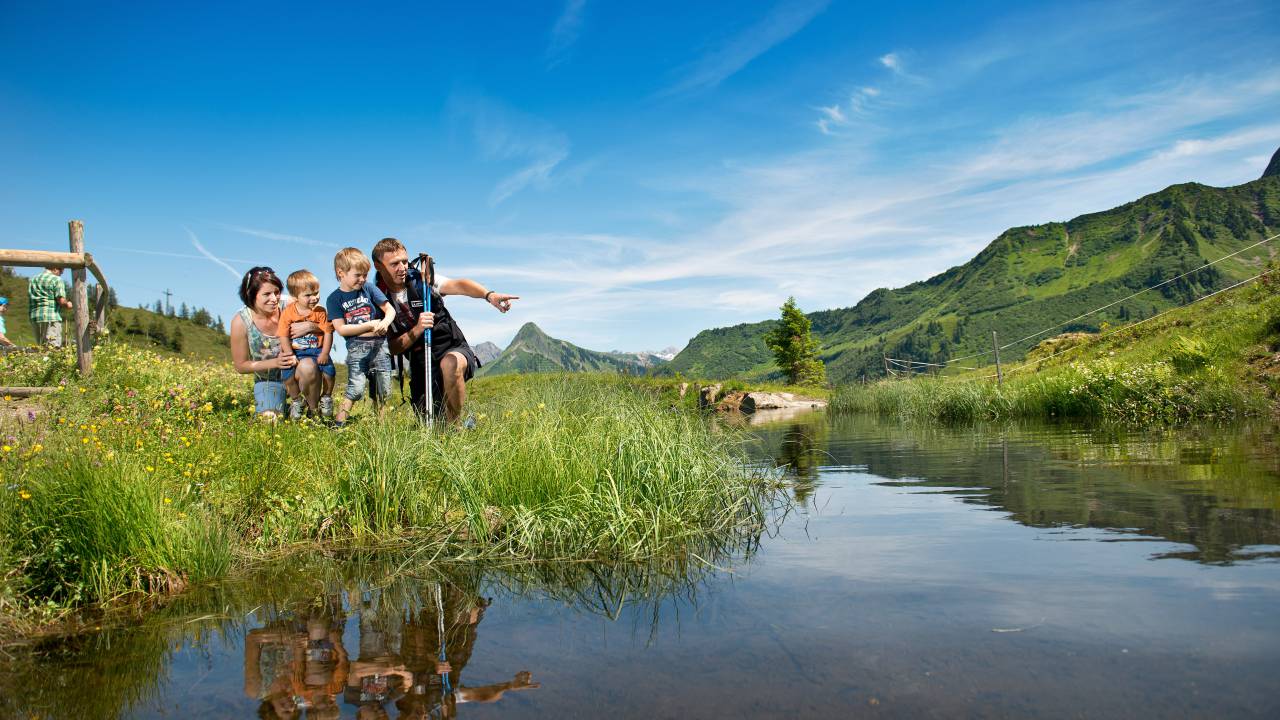 Familie beim Wandern in den Alpen an einem Bach